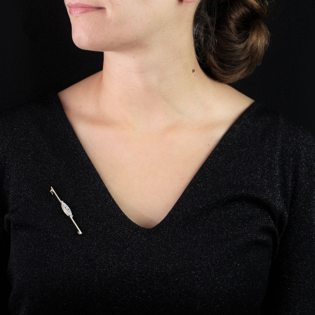 Broche ANCIENNE Barrette en or jaune diamants et perle - Castafiore