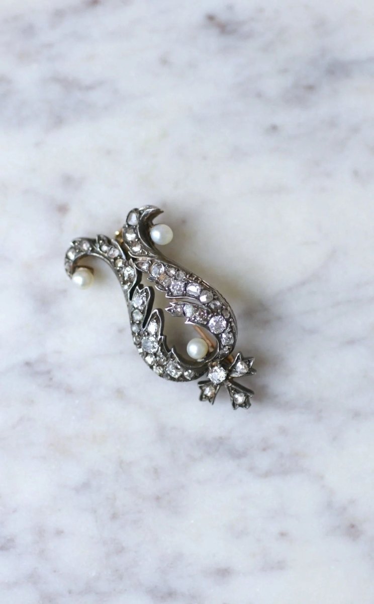 Broche ancienne diamants et perles - Castafiore