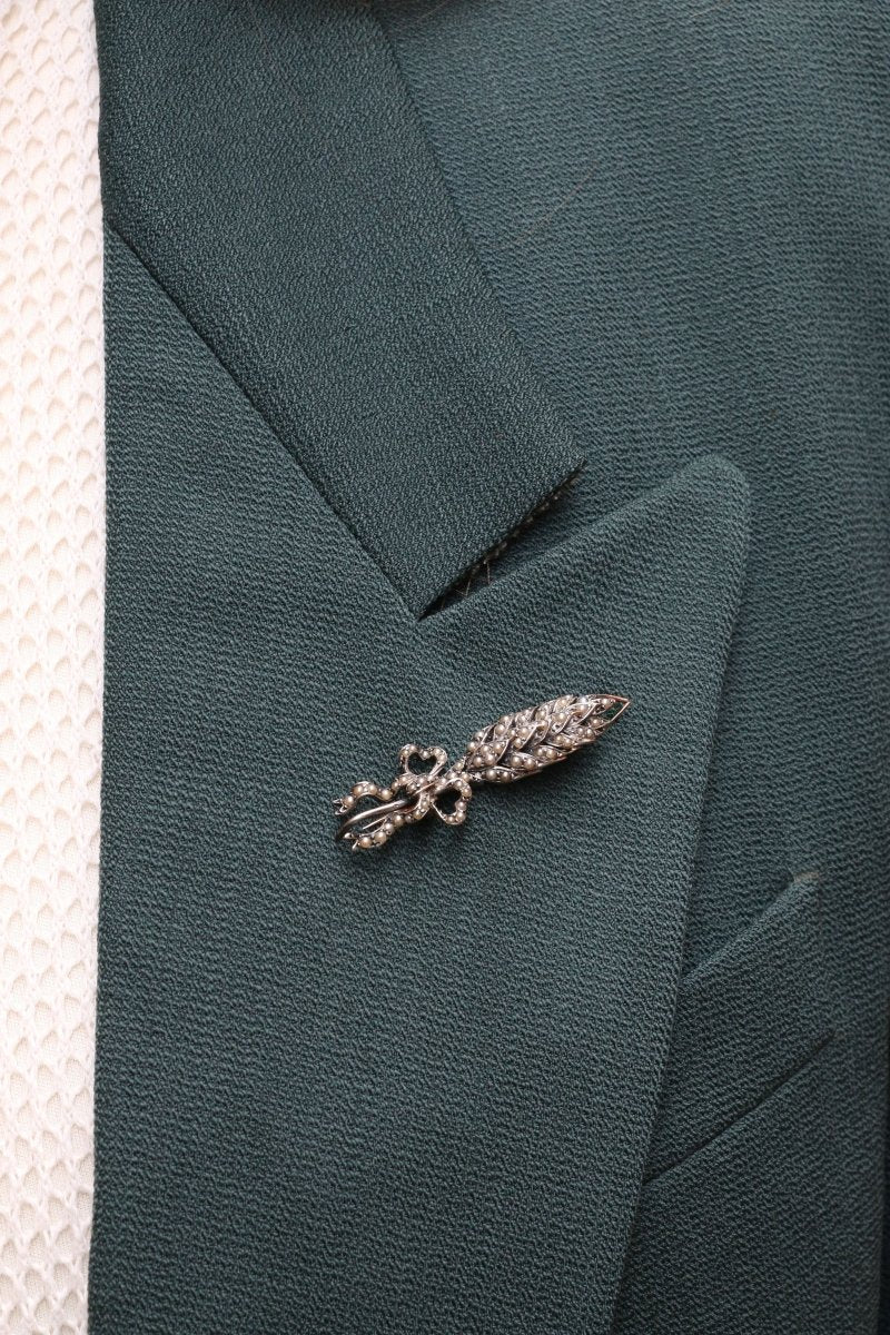 Broche ancienne épi de blé en or, argent et perles fines - Castafiore
