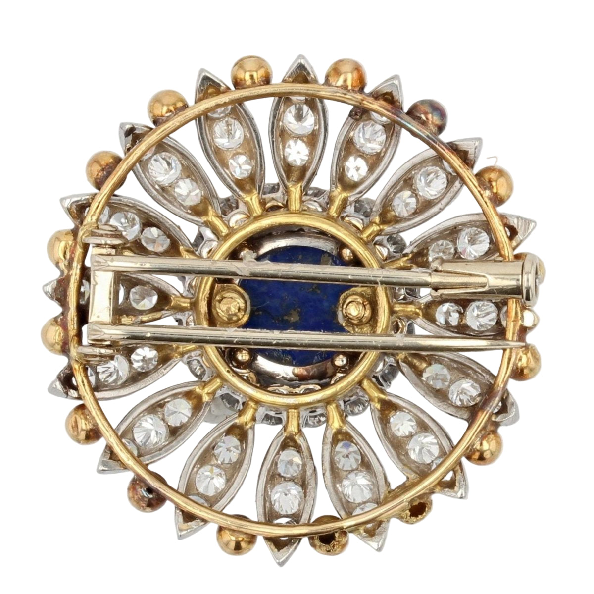 Broche ANCIENNE Fleur en or jaune et platine avec lapis lazuli et diamants - Castafiore