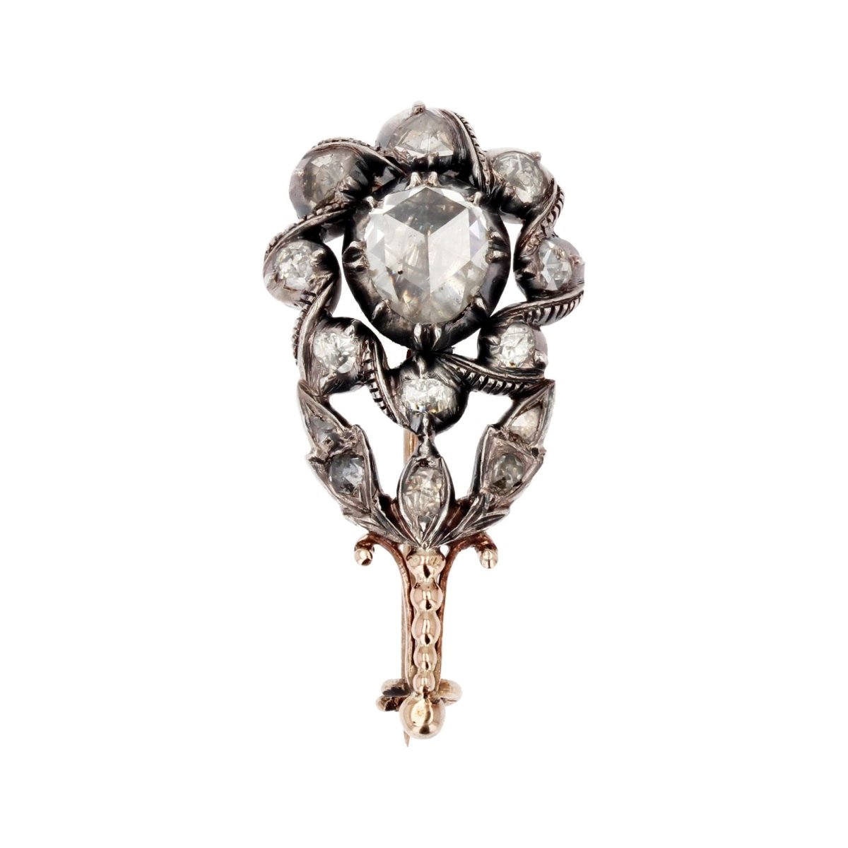 Broche ANCIENNE Fleur en or rose et argent diamants - Castafiore