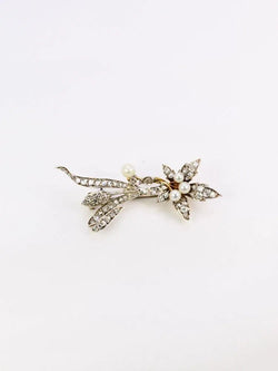 Broche Ancienne Fleur Or Diamants Perles Fines - Castafiore