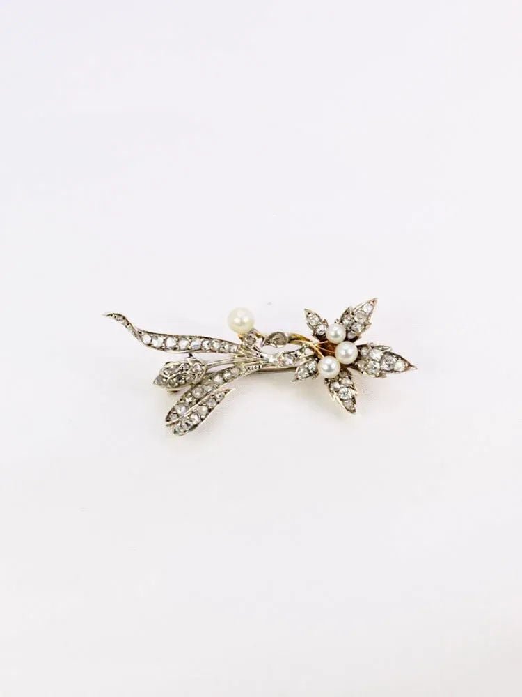 Broche Ancienne Fleur Or Diamants Perles Fines - Castafiore