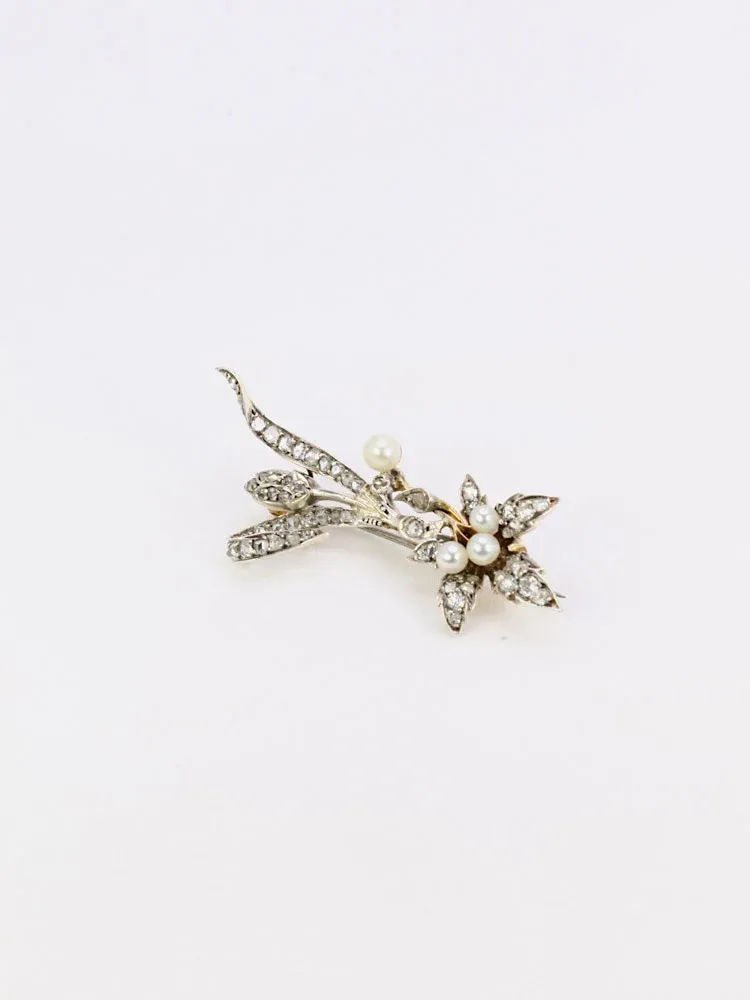 Broche Ancienne Fleur Or Diamants Perles Fines - Castafiore