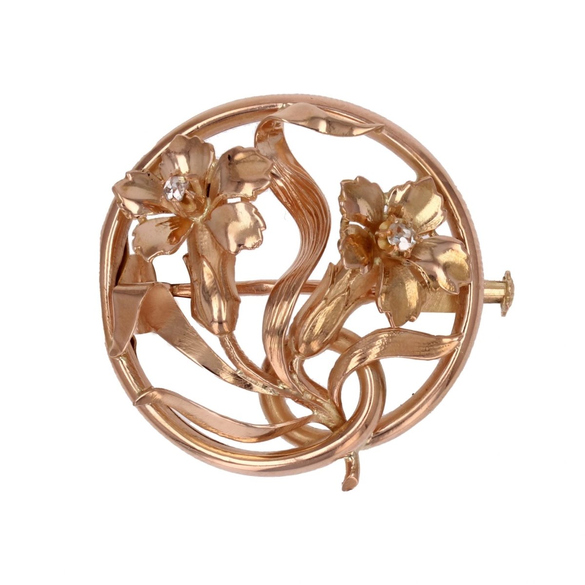 Broche ANCIENNE Fleurs en or rose et diamant - Castafiore