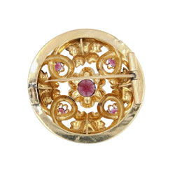 Broche ANCIENNE Forme ronde en or jaune perles fines et grenats - Castafiore
