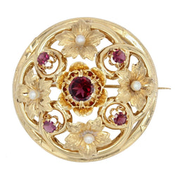 Broche ANCIENNE Forme ronde en or jaune perles fines et grenats - Castafiore