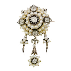 Broche ancienne guirlande or argent perles fines diamants taille ancienne - Castafiore