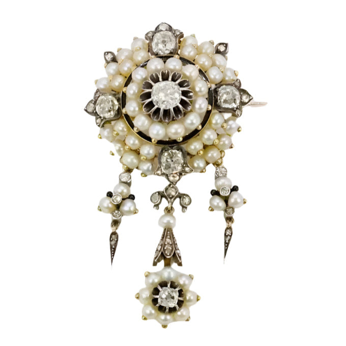 Broche ancienne guirlande or argent perles fines diamants taille ancienne - Castafiore