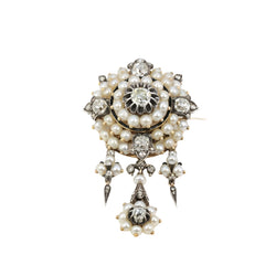 Broche ancienne guirlande or argent perles fines diamants taille ancienne - Castafiore