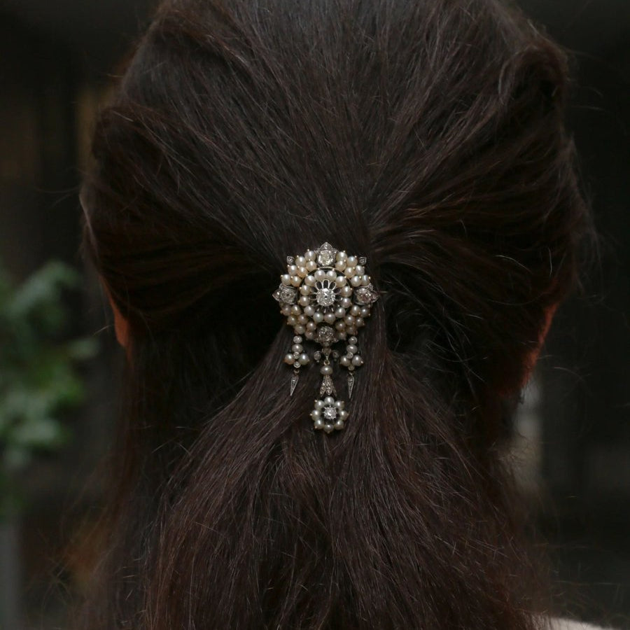 Broche ancienne guirlande or argent perles fines diamants taille ancienne - Castafiore