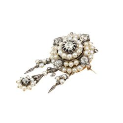 Broche ancienne guirlande or argent perles fines diamants taille ancienne - Castafiore
