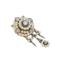 Broche ancienne guirlande or argent perles fines diamants taille ancienne - Castafiore