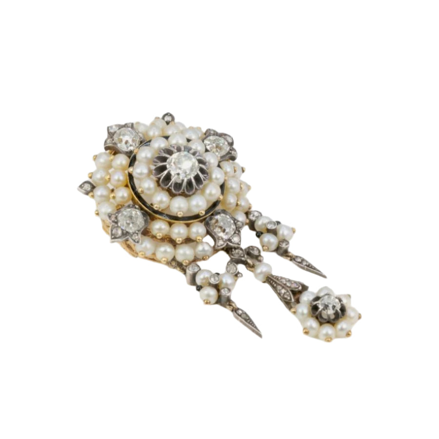 Broche ancienne guirlande or argent perles fines diamants taille ancienne - Castafiore
