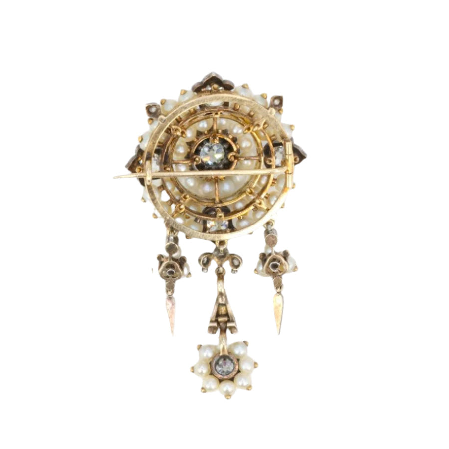 Broche ancienne guirlande or argent perles fines diamants taille ancienne - Castafiore