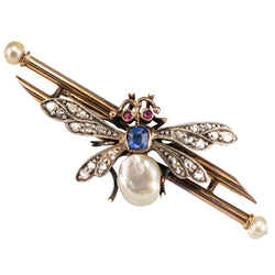 Broche ancienne insecte perle fine saphir et diamants - Castafiore