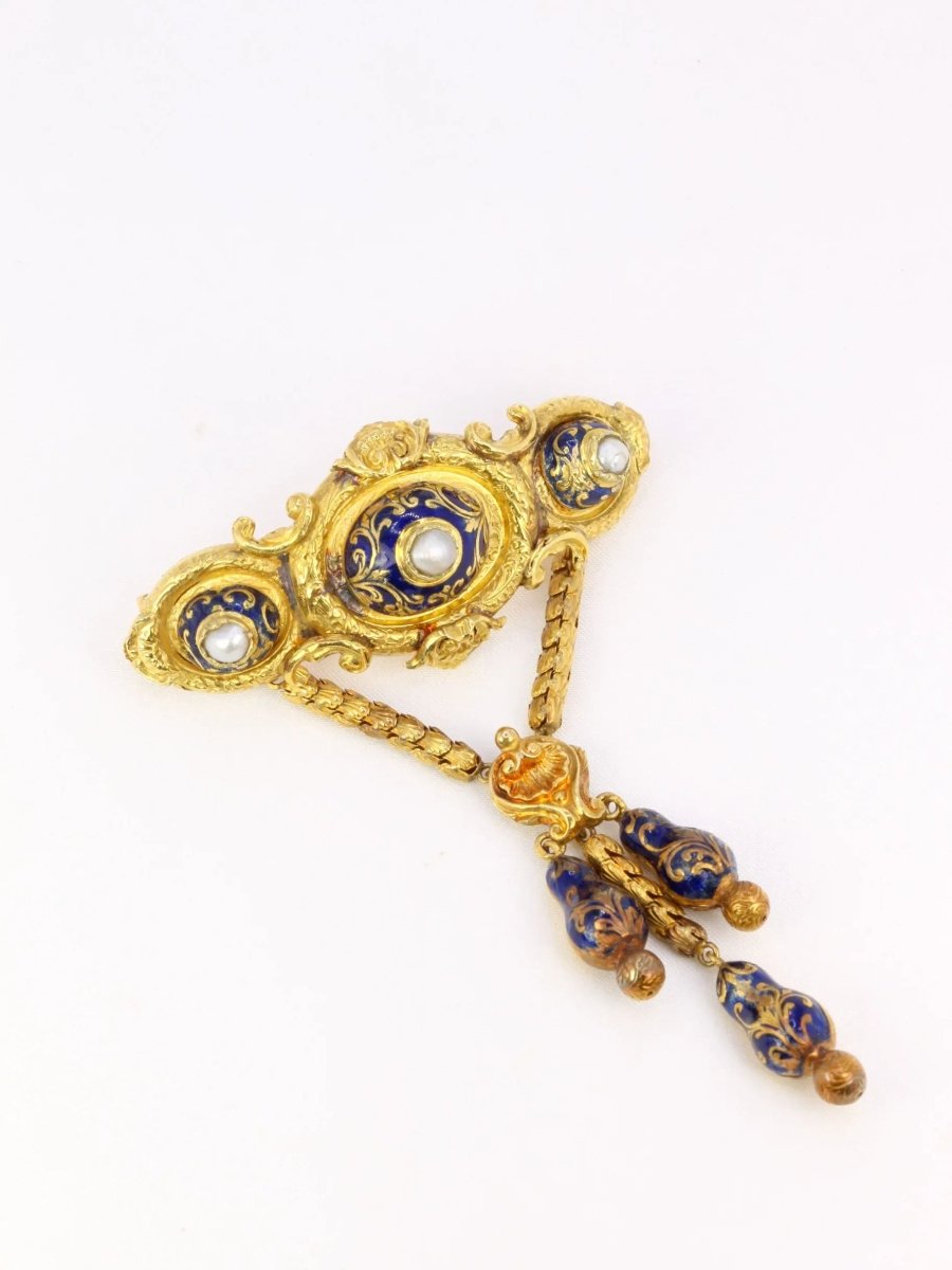 Broche ancienne Napoléon III or perles émail bleu - Castafiore