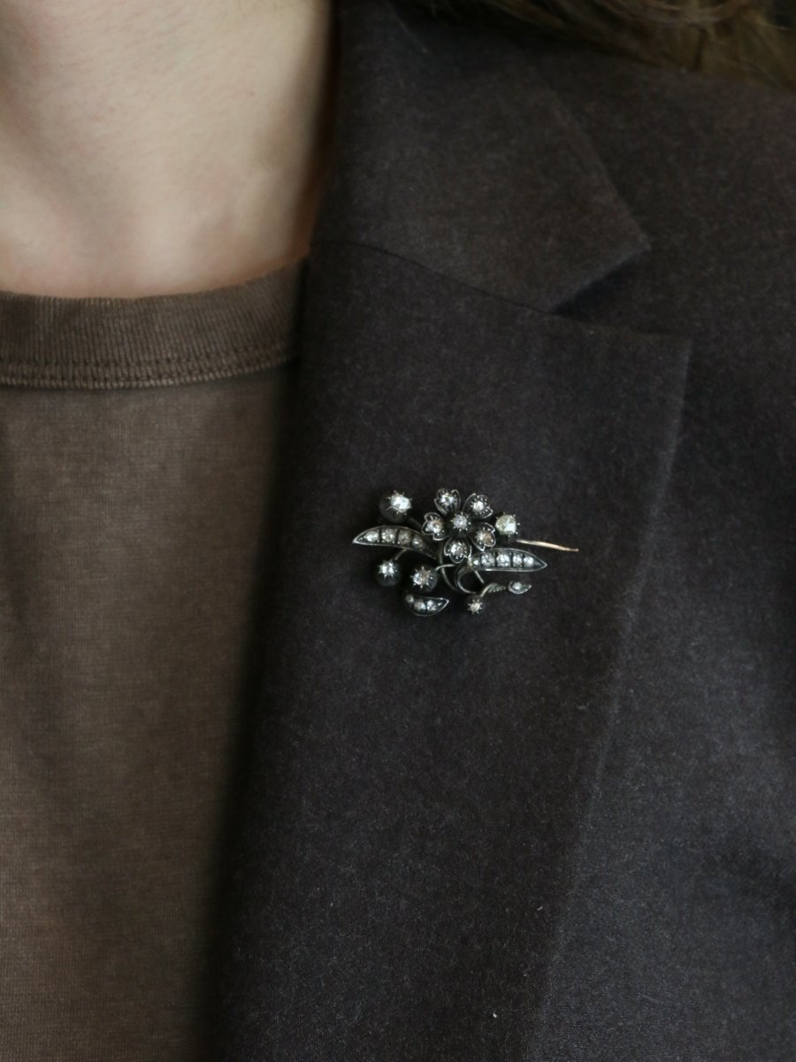 Broche Ancienne Or Argent Diamants Taillés en Rose - Castafiore