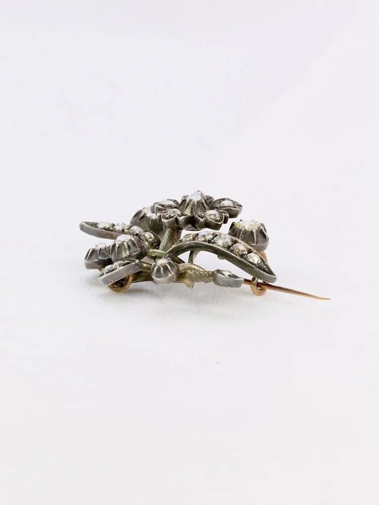 Broche Ancienne Or Argent Diamants Taillés en Rose - Castafiore