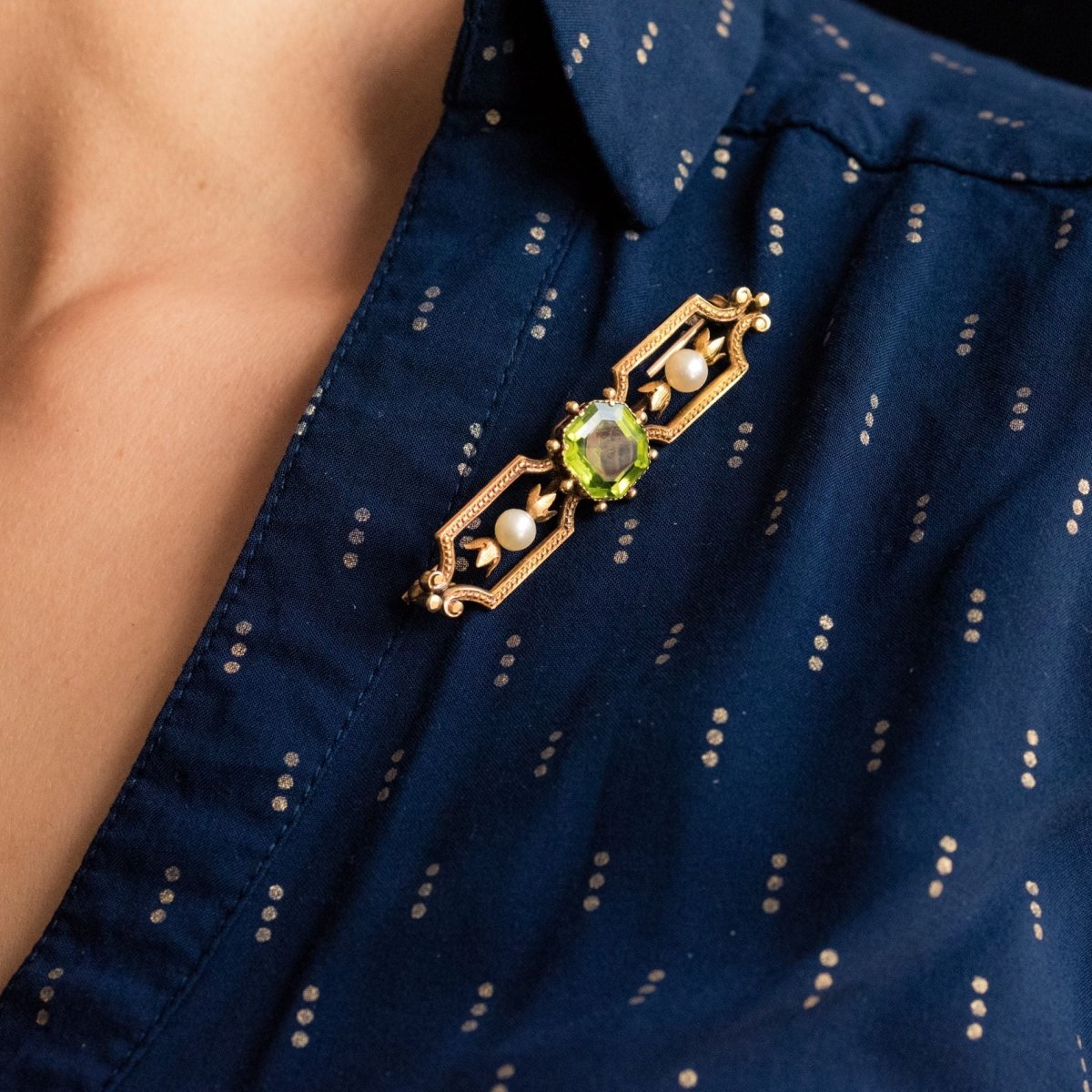 Broche ancienne Péridot Perles fines - Castafiore