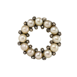 Broche ANCIENNE Ronde en or jaune et argent perles fines et diamants - Castafiore