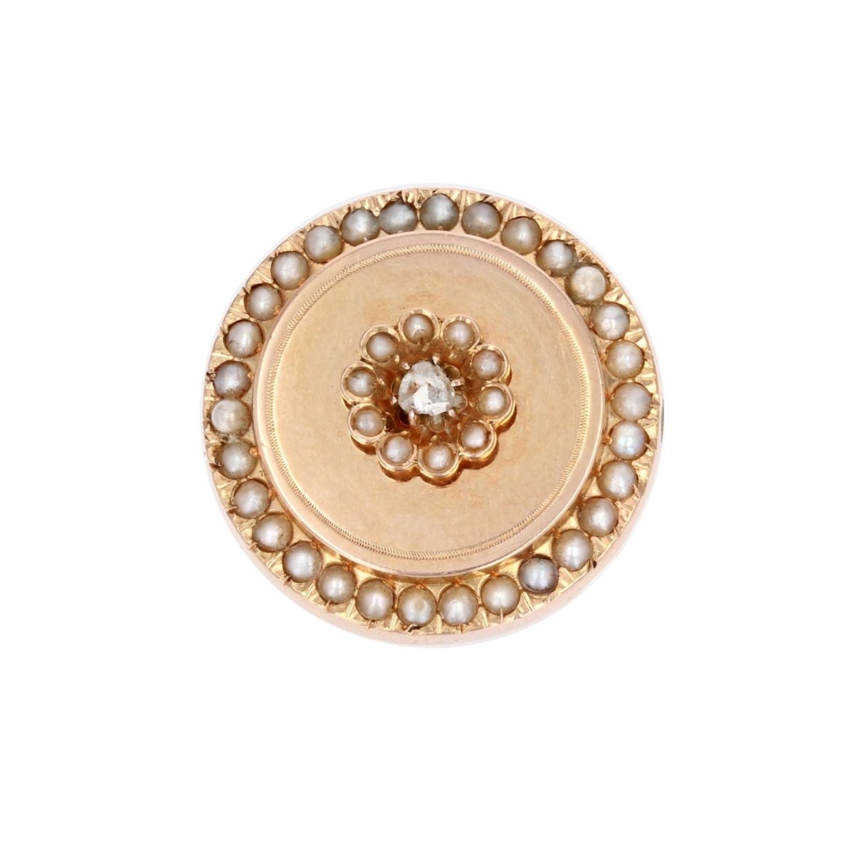 Broche ANCIENNE Ronde en or rose perles fines et diamant - Castafiore