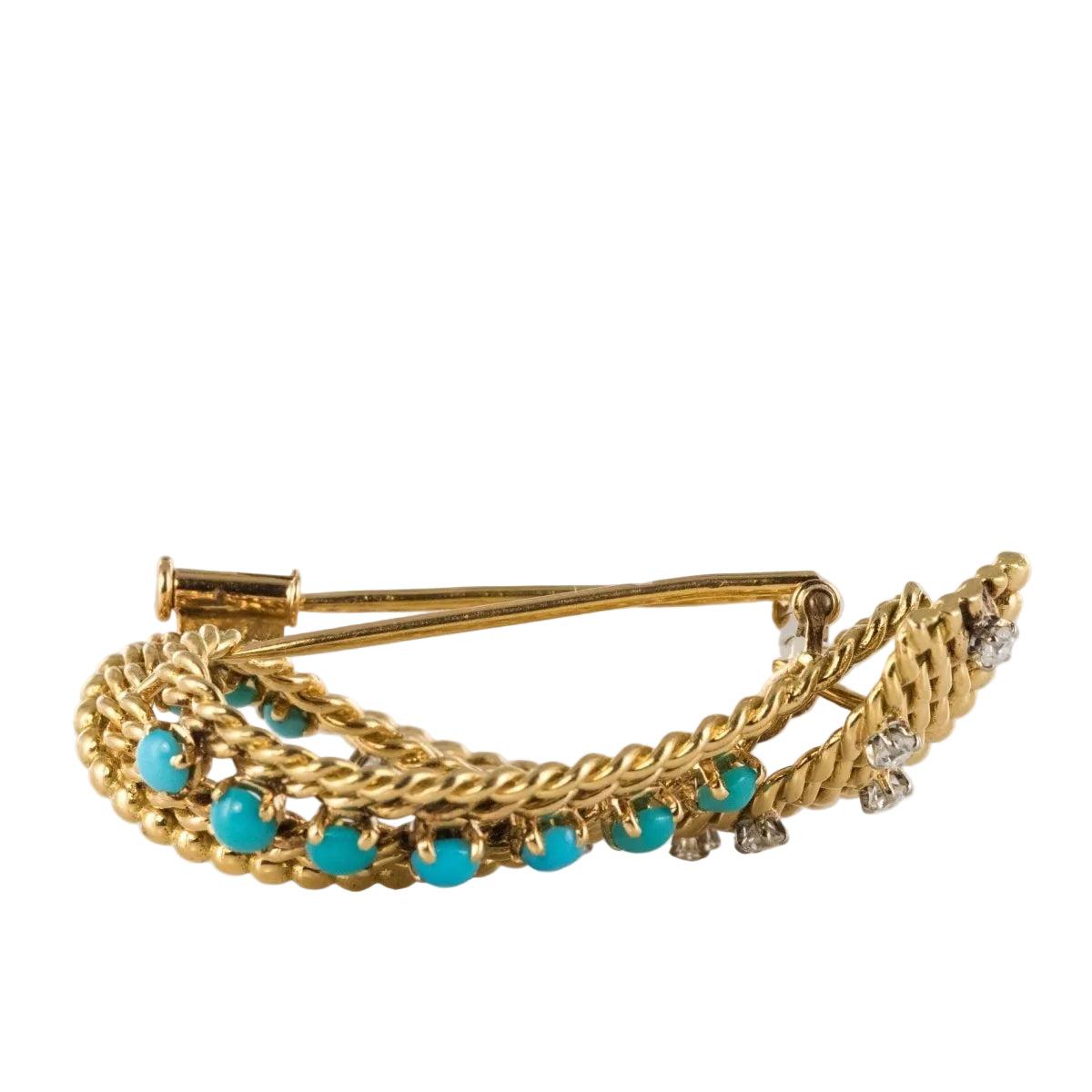 Broche ANCIENNE Ruban en or jaune et turquoises - Castafiore