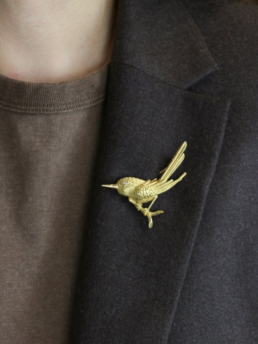 Broche animalière Oiseau or jaune diamant - Castafiore