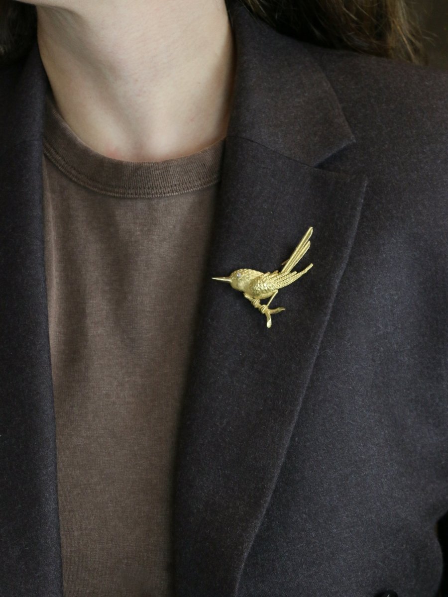 Broche animalière Oiseau or jaune diamant - Castafiore
