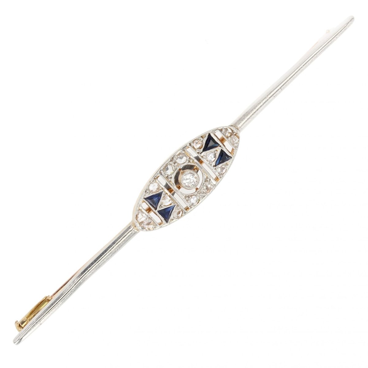 Broche ART DÉCO Barrette en or jaune et blanc saphirs et diamants - Castafiore