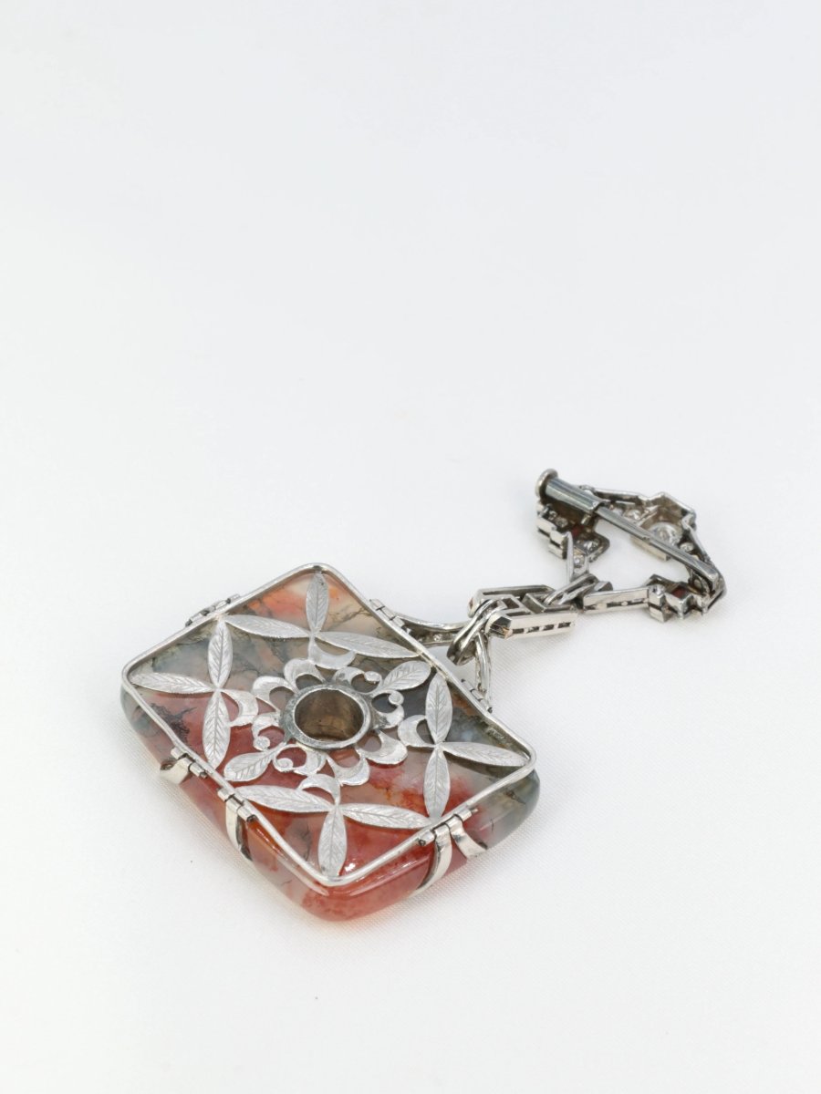 Broche Art - Déco en or, agate, corail et diamants - Castafiore