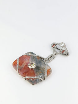 Broche Art - Déco en or, agate, corail et diamants - Castafiore