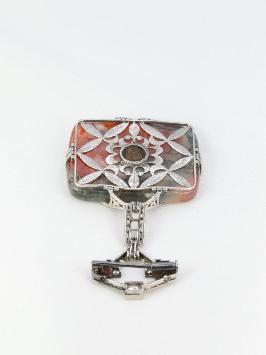 Broche Art - Déco en or, agate, corail et diamants - Castafiore