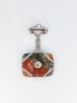 Broche Art - Déco en or, agate, corail et diamants - Castafiore