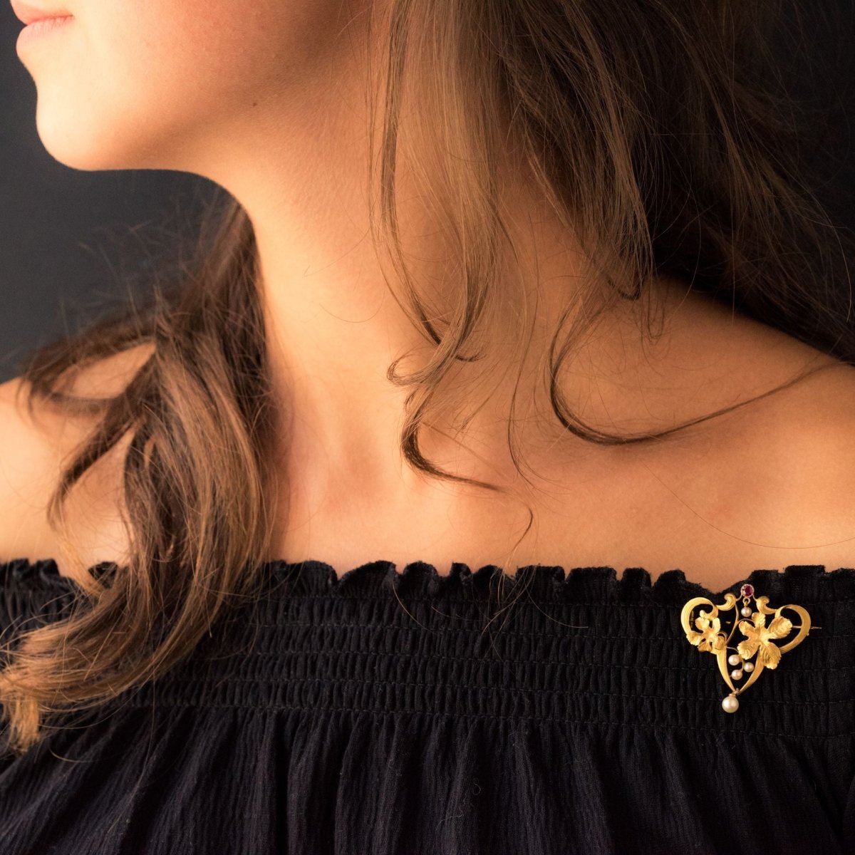 Broche art nouveau rubis perles - Castafiore