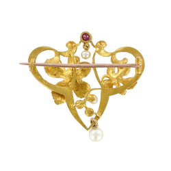 Broche art nouveau rubis perles - Castafiore