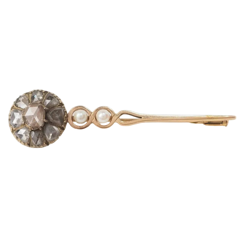 Broche barrette ancienne en or jaune, diamants et perle de culture - Castafiore