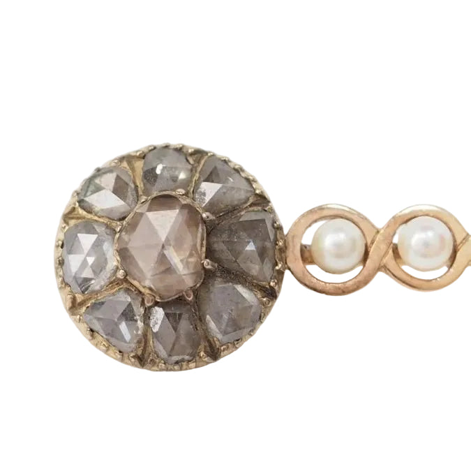 Broche barrette ancienne en or jaune, diamants et perle de culture - Castafiore