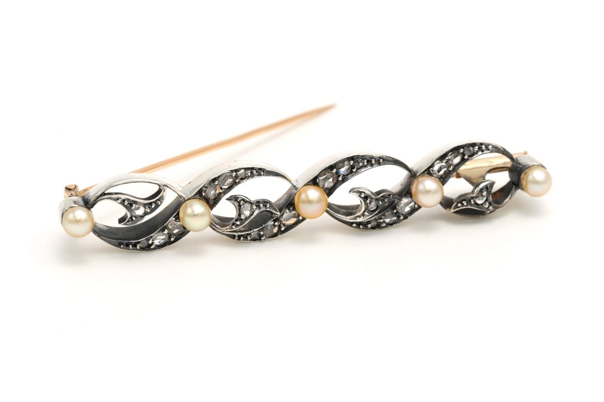 Broche Barrette en or jaune, argent, perles et diamants - Castafiore