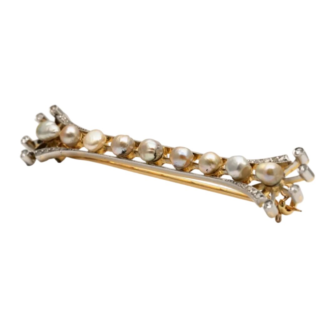 Broche Barrette en or jaune, argent, perles et diamants - Castafiore