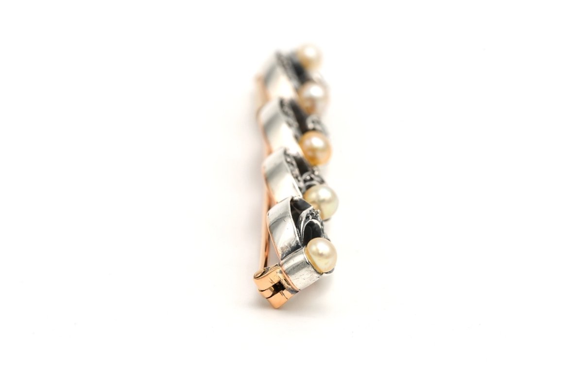 Broche Barrette en or jaune, argent, perles et diamants - Castafiore