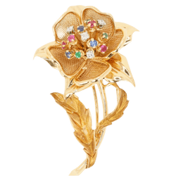 Broche Barrette en or jaune, émeraudes, saphirs, rubis et diamants - Castafiore