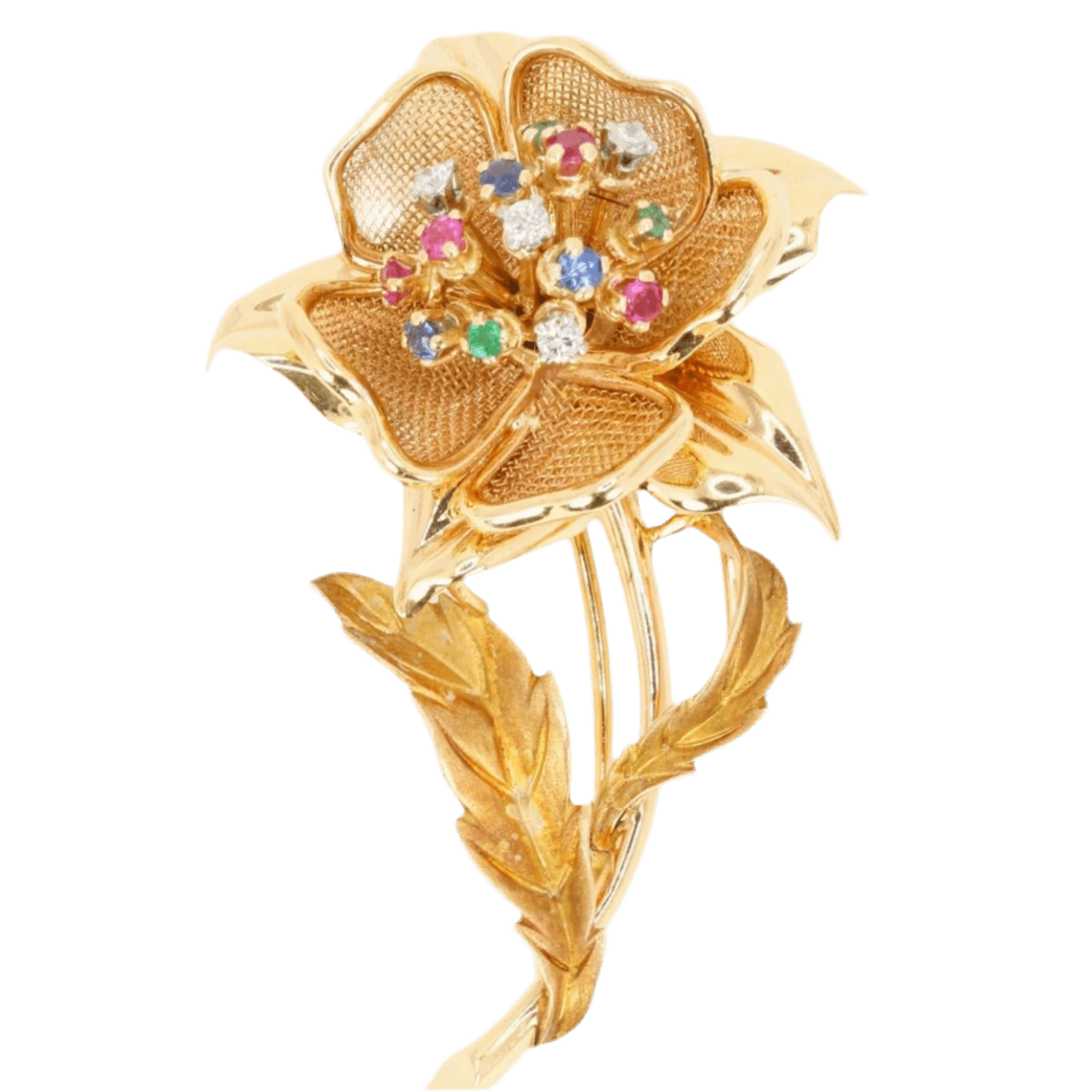 Broche Barrette en or jaune, émeraudes, saphirs, rubis et diamants - Castafiore