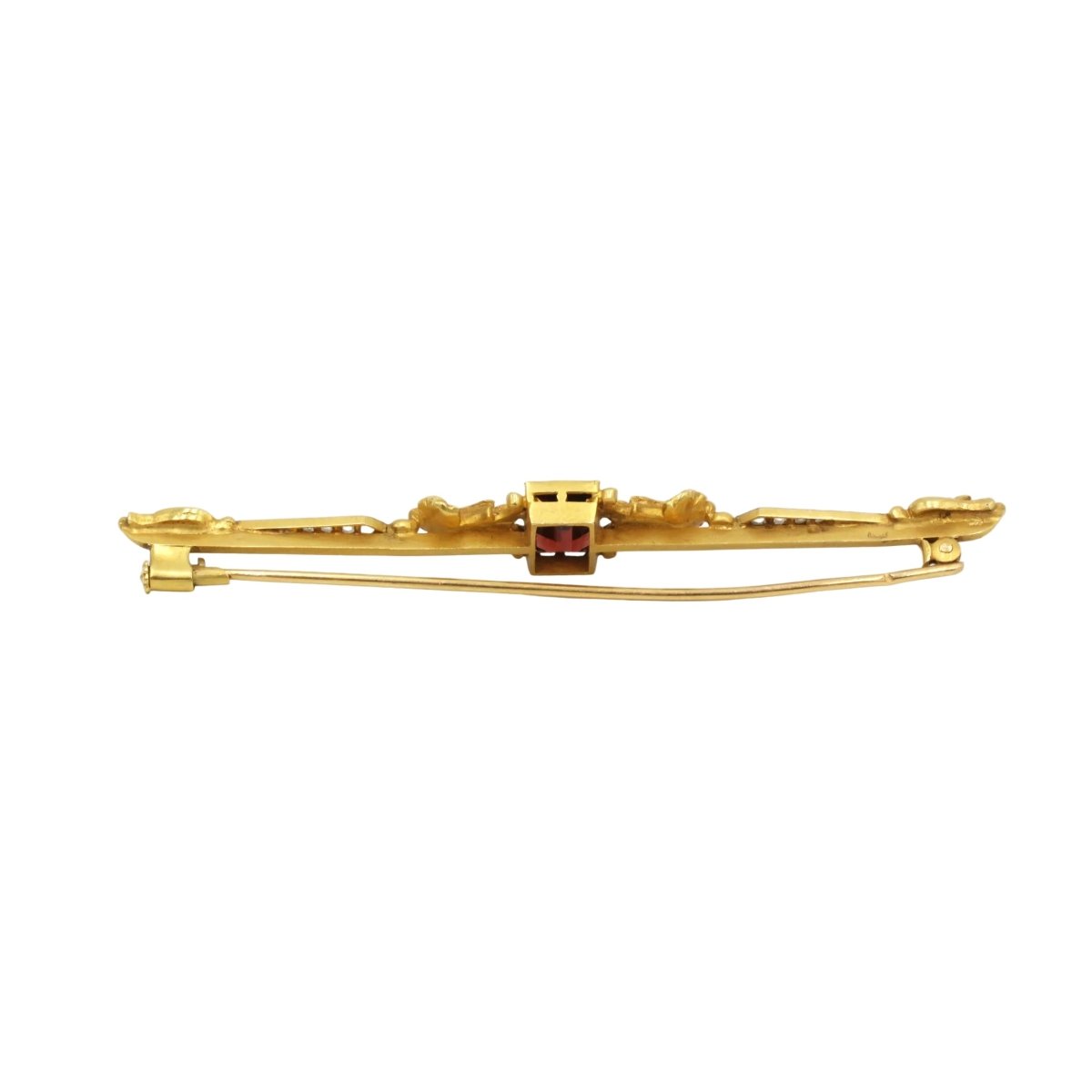 Broche Barrette en or jaune, grenat et diamants - Castafiore