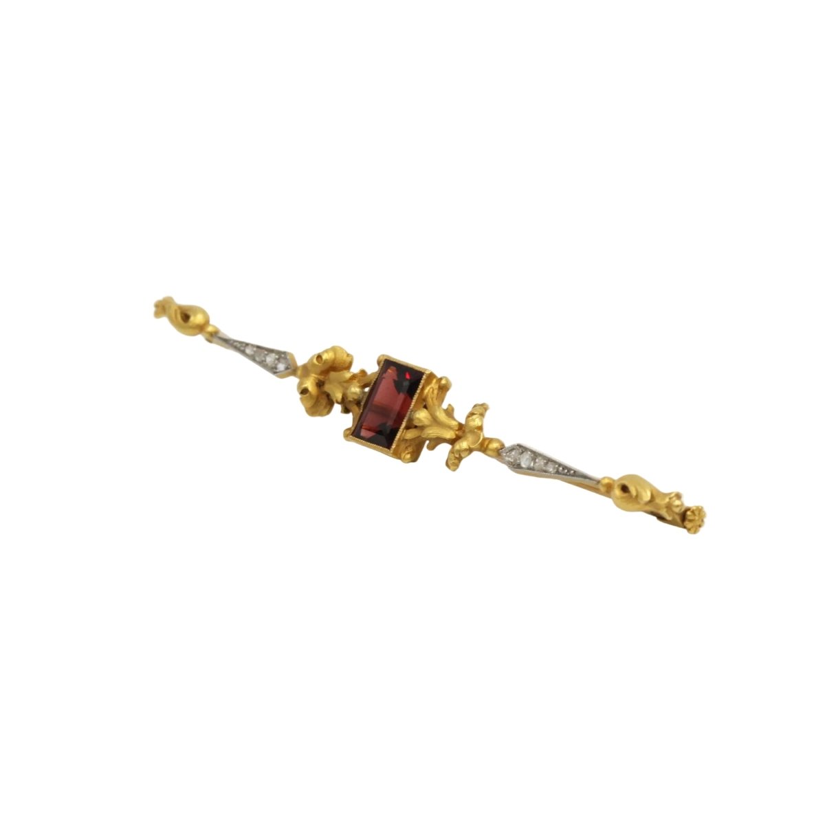 Broche Barrette en or jaune, grenat et diamants - Castafiore