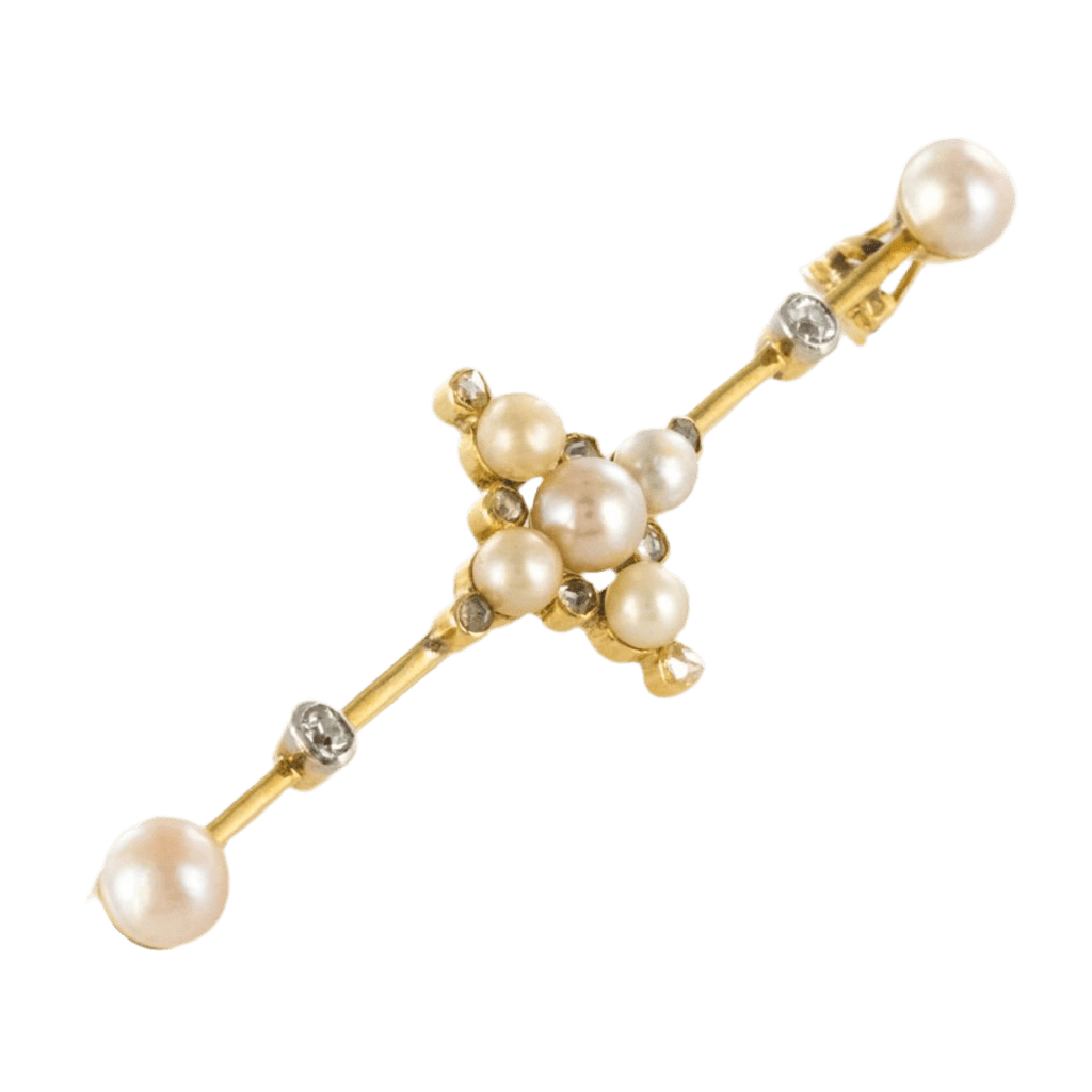 Broche Barrette en or jaune, perles et diamants - Castafiore