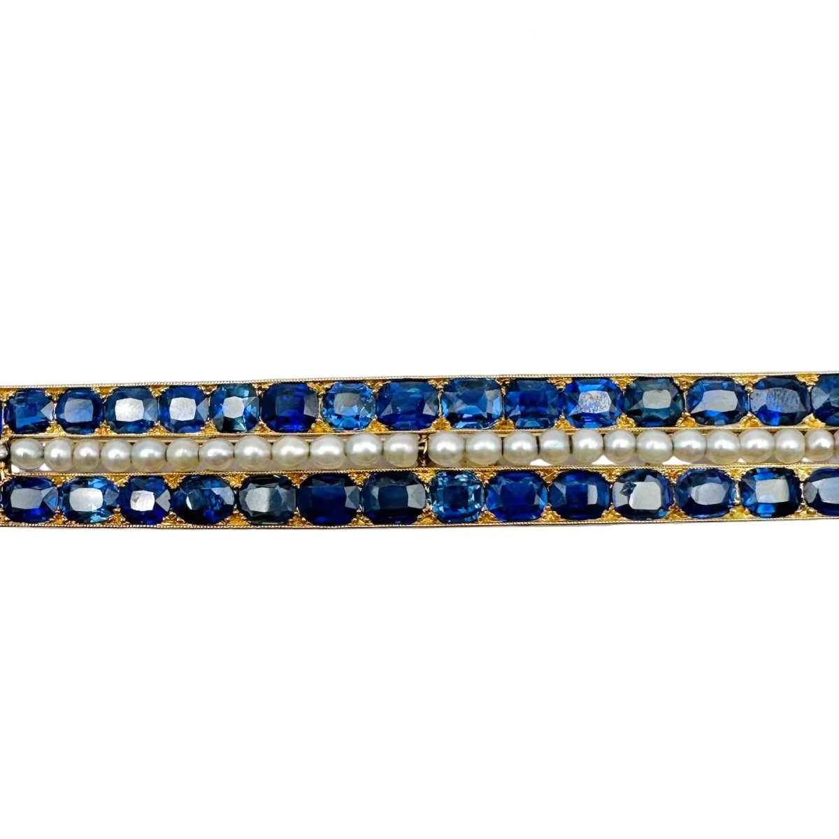 Broche Barrette en or jaune, perles et saphirs - Castafiore
