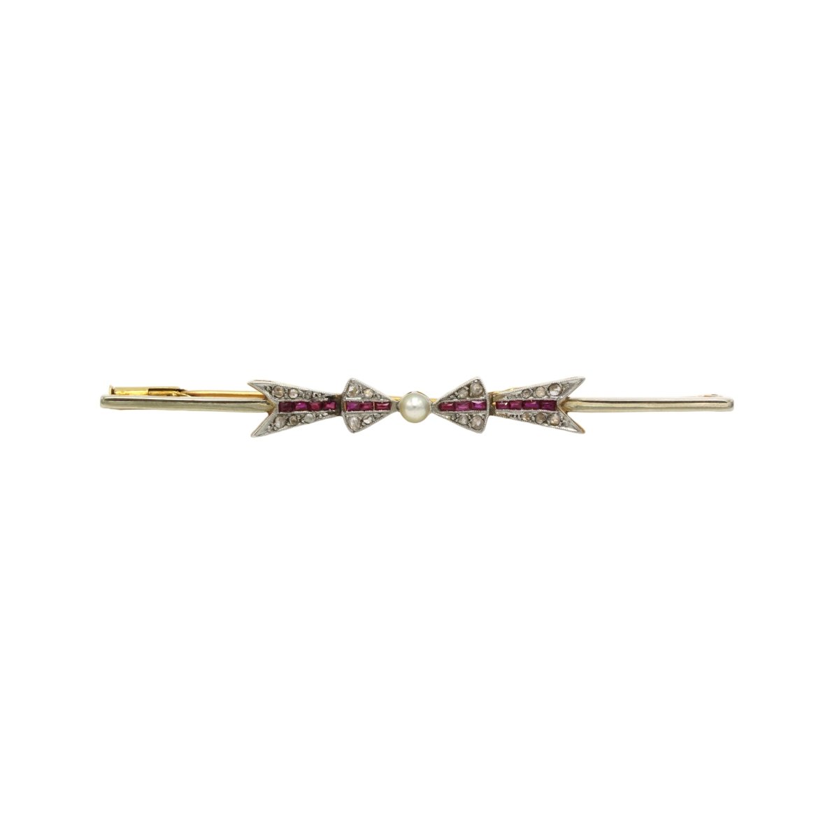 Broche Barrette en or jaune, platine, perles, rubis et diamants - Castafiore