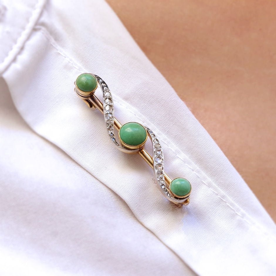 Broche Barrette en or jaune, platine, turquoise et diamants - Castafiore