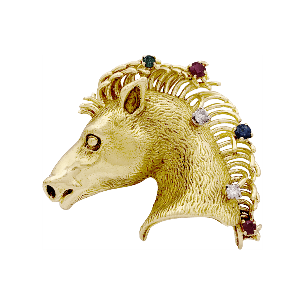 Brooch "horse protomea", yellow gold, diamonds, ruby, sapphire and emerald.